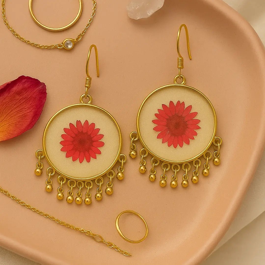 Red Fleur Resin Jhumkas | Handcrafted Resin Earrings with Preserved Red Flowers - BR CRAFTS