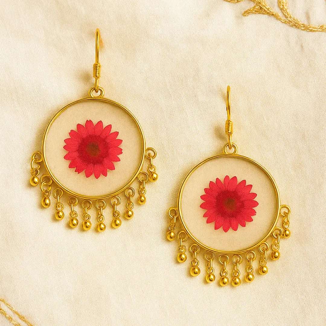 Red Fleur Resin Jhumkas | Handcrafted Resin Earrings with Preserved Red Flowers - BR CRAFTS