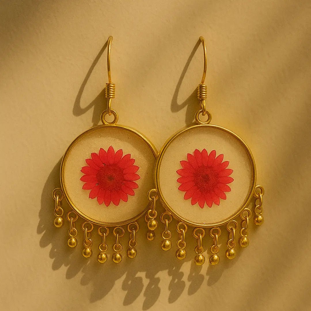 Red Fleur Resin Jhumkas | Handcrafted Resin Earrings with Preserved Red Flowers - BR CRAFTS