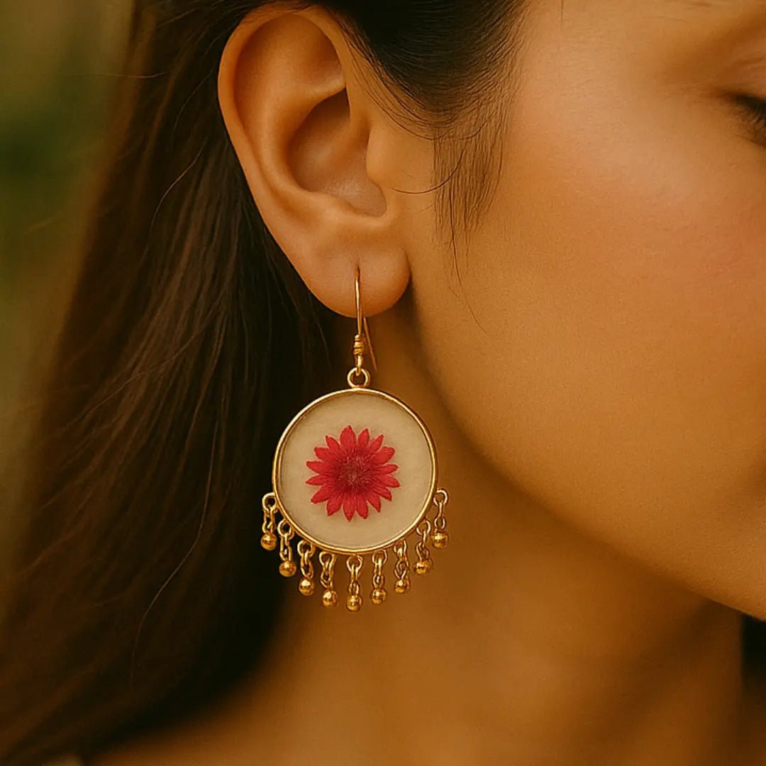 Red Fleur Resin Jhumkas | Handcrafted Resin Earrings with Preserved Red Flowers - BR CRAFTS