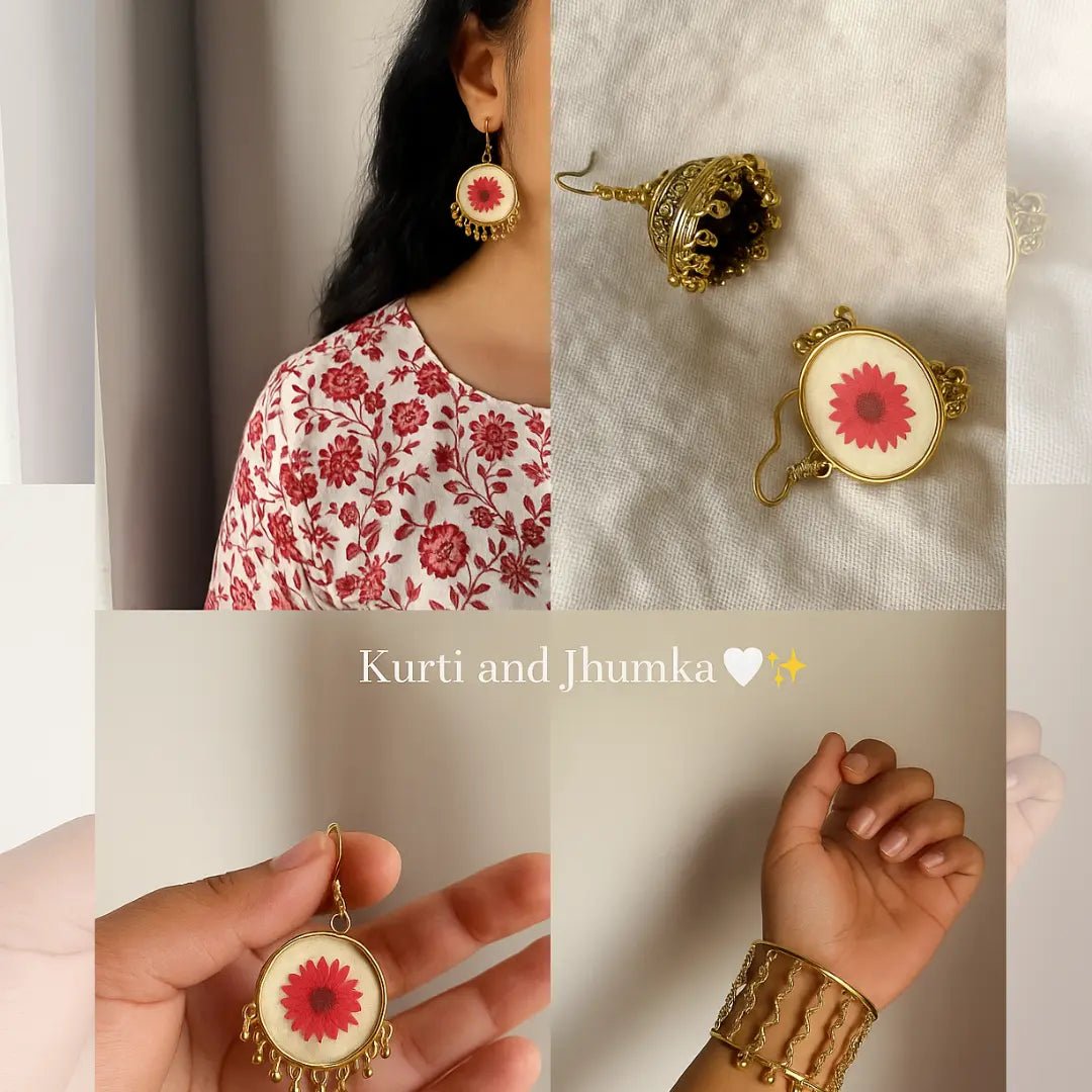 Red Fleur Resin Jhumkas | Handcrafted Resin Earrings with Preserved Red Flowers - BR CRAFTS