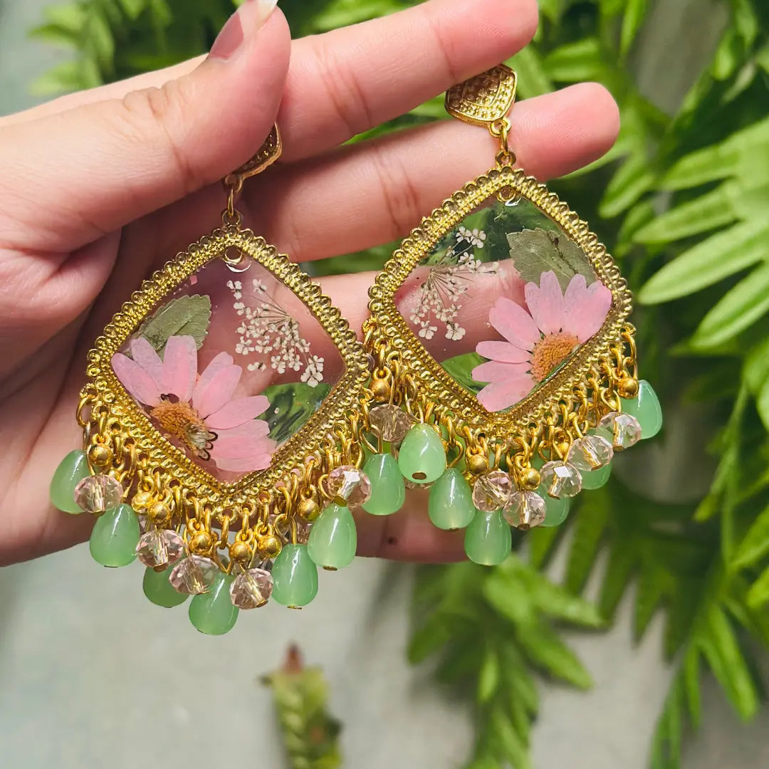 🌸 Green Bloom Resin Dangle Earrings – Floral Statement Jewelry