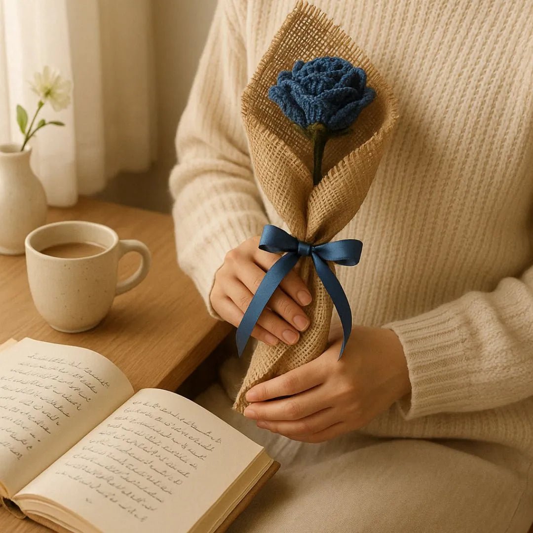 Jute Single Blue Crochet Rose – Handmade Forever Flower in Burlap Wrap | Minimalist Gift for Her - BR CRAFTS