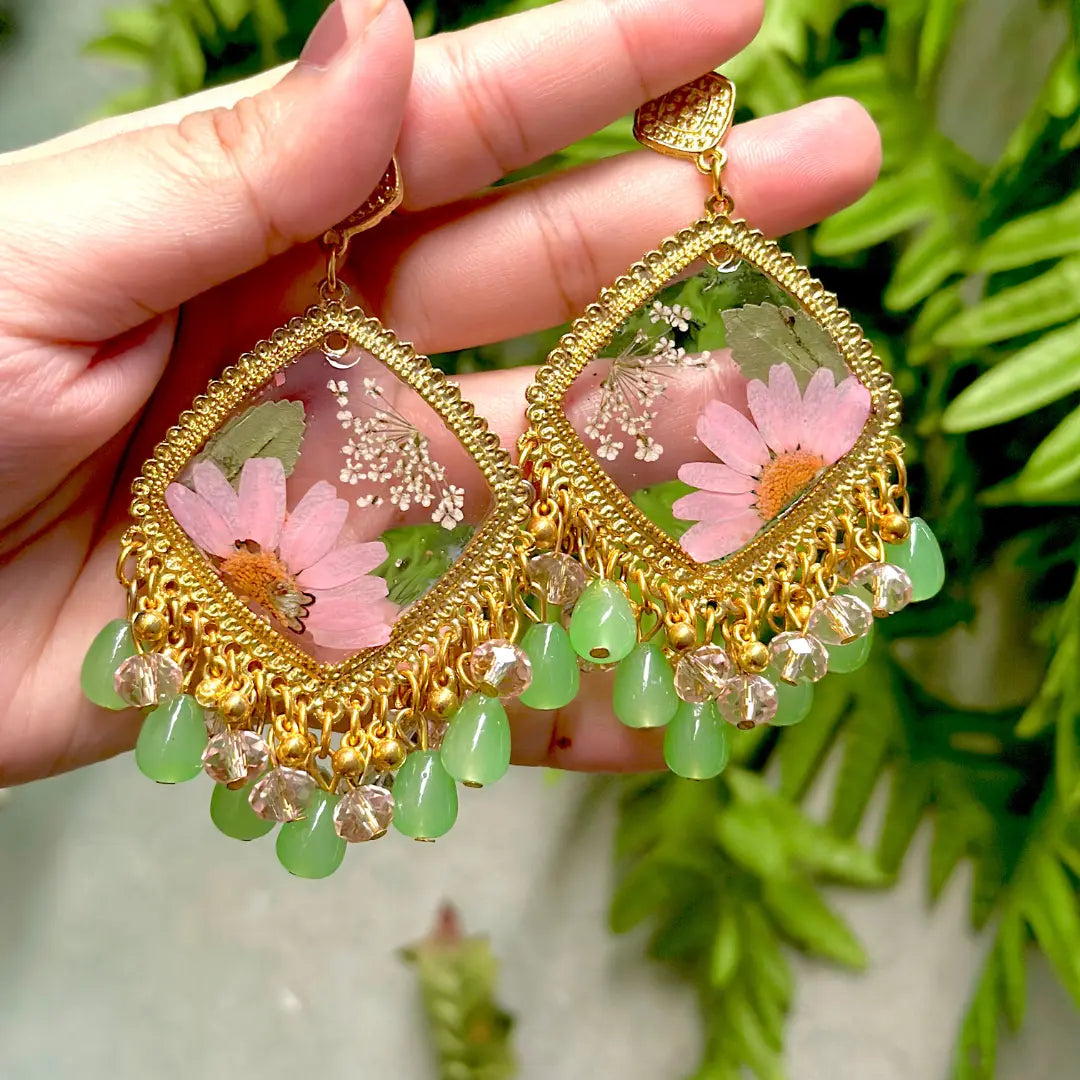 🌸 Green Bloom Resin Dangle Earrings – Floral Statement Jewelry