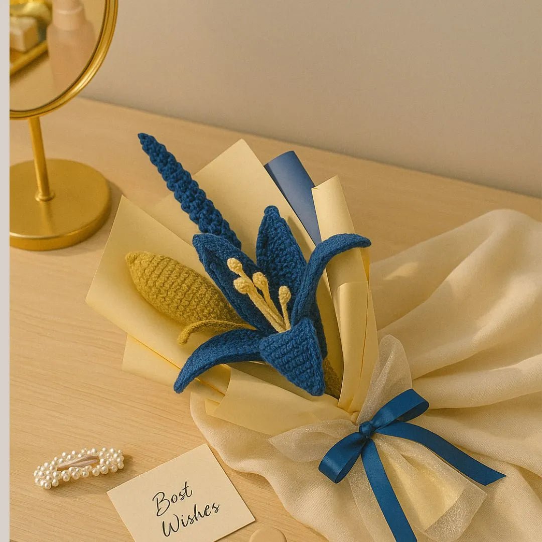 Handmade Crochet Blue Lily Bud Bouquet – Unique Forever Flower Gift | Yarn Floral Art for Her - BR CRAFTS