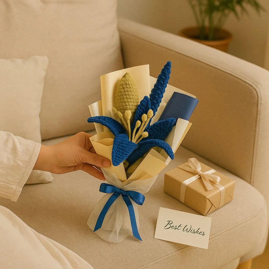 Handmade Crochet Blue Lily Bud Bouquet – Unique Forever Flower Gift | Yarn Floral Art for Her - BR CRAFTS
