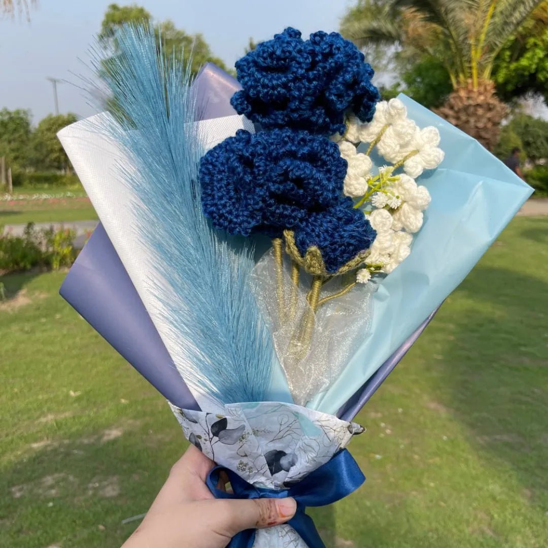 Handmade Crochet Flower Bouquet – Midnight Blue Roses & Baby’s Breath | Forever Floral Gift - BR CRAFTS