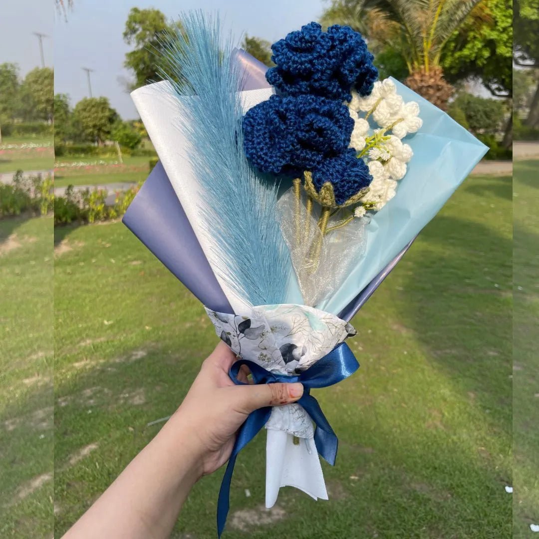 Handmade Crochet Flower Bouquet – Midnight Blue Roses & Baby’s Breath | Forever Floral Gift - BR CRAFTS
