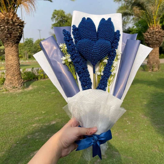 Handmade Crochet Blue Tulip & Heart Bouquet – Unique Gift for Her | Forever Yarn Flowers - BR CRAFTS