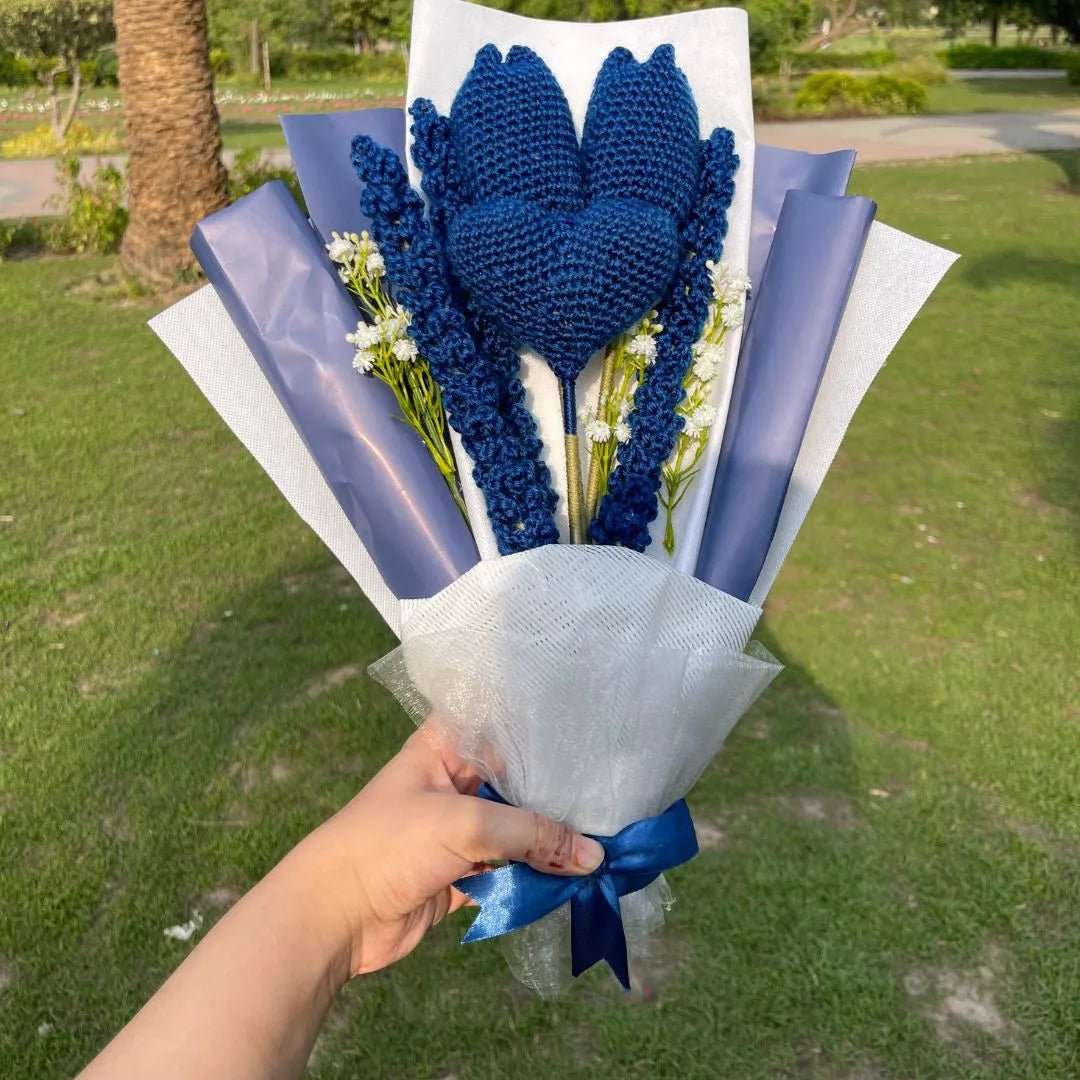 Handmade Crochet Blue Tulip & Heart Bouquet – Unique Gift for Her | Forever Yarn Flowers - BR CRAFTS