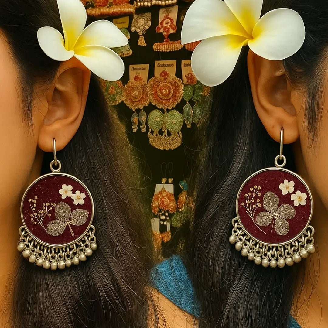 Deep Scarlet Jhumkas | Handcrafted Resin Earrings with Preserved Flowers - BR CRAFTS