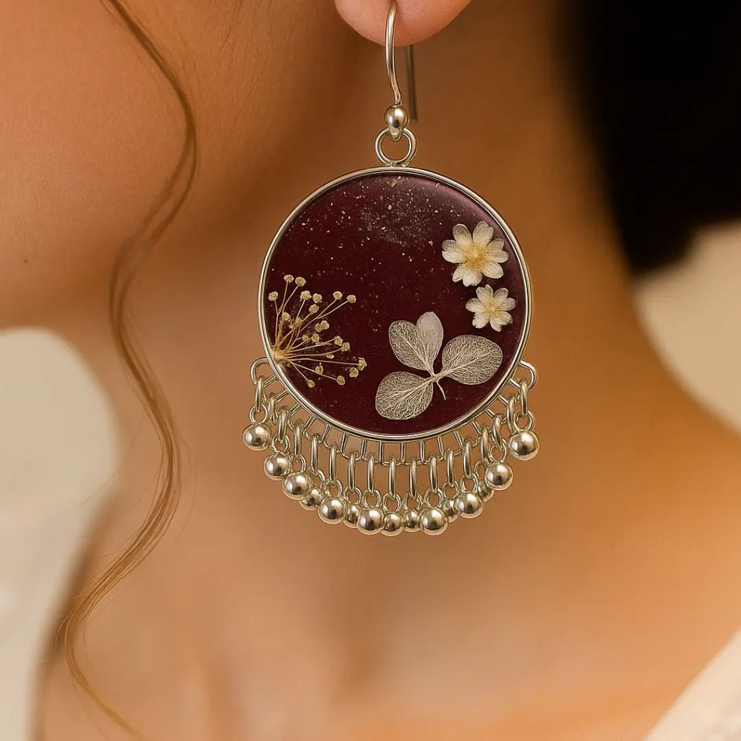 Deep Scarlet Jhumkas | Handcrafted Resin Earrings with Preserved Flowers - BR CRAFTS