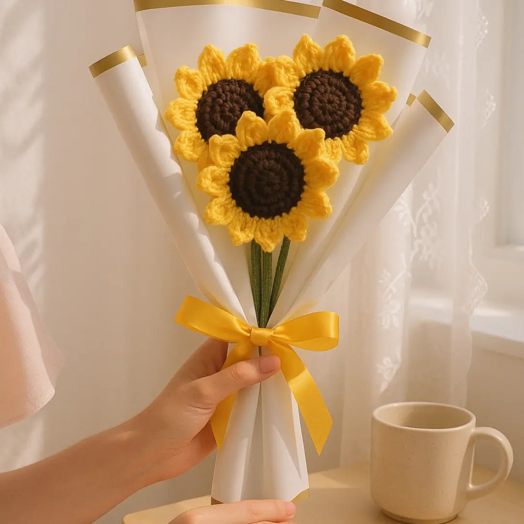 Handmade Crochet Sunflower Bouquet – 3 Stems (Wrapped) - BR CRAFTS