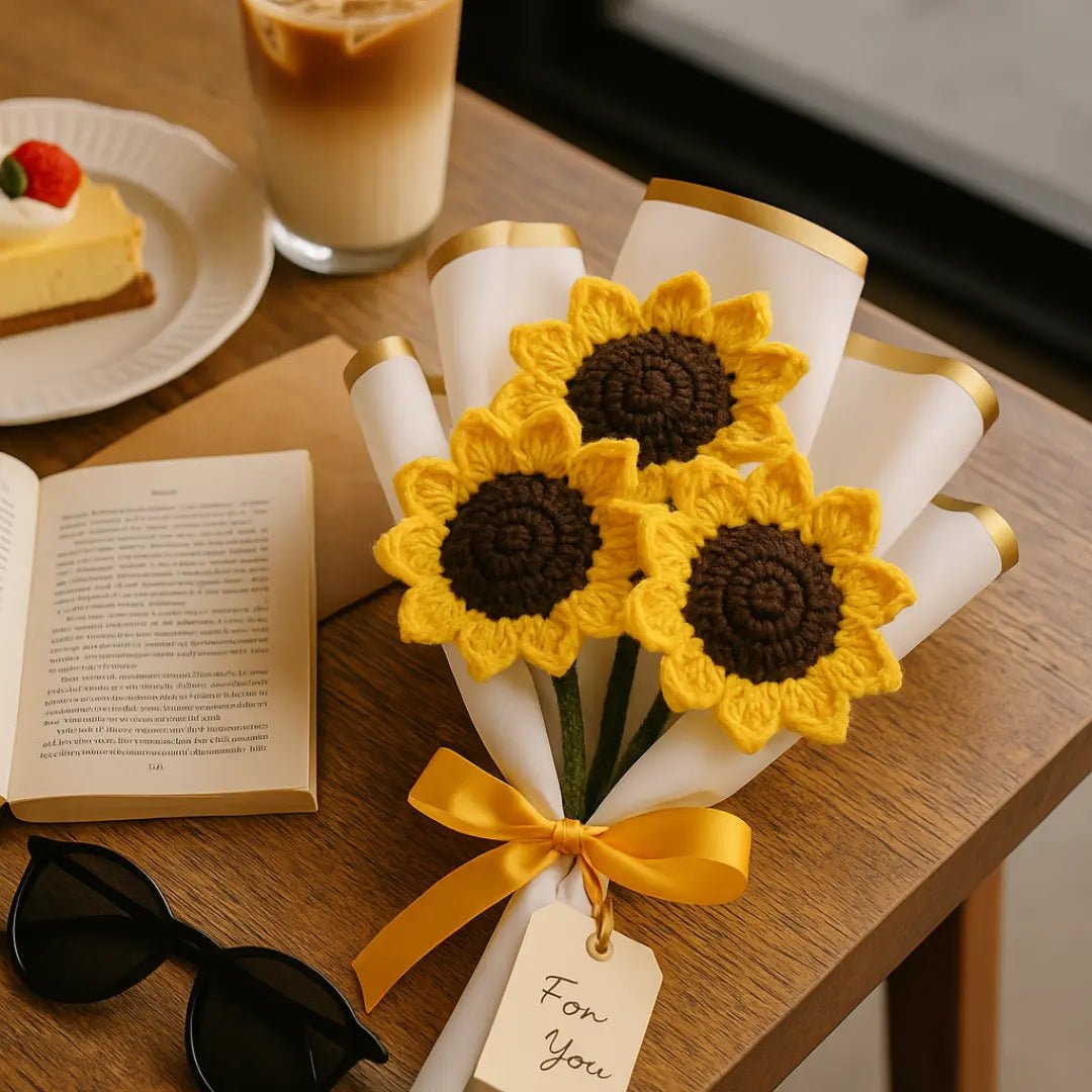 Handmade Crochet Sunflower Bouquet – 3 Stems (Wrapped) - BR CRAFTS