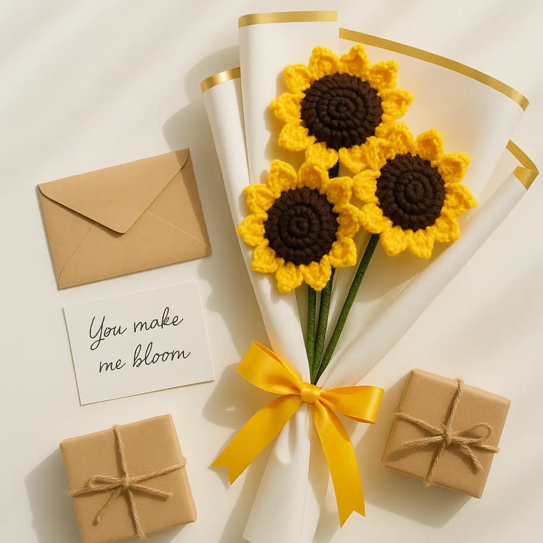 Handmade Crochet Sunflower Bouquet – 3 Stems (Wrapped) - BR CRAFTS
