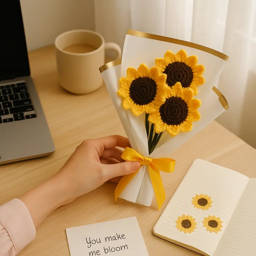 Handmade Crochet Sunflower Bouquet – 3 Stems (Wrapped) - BR CRAFTS
