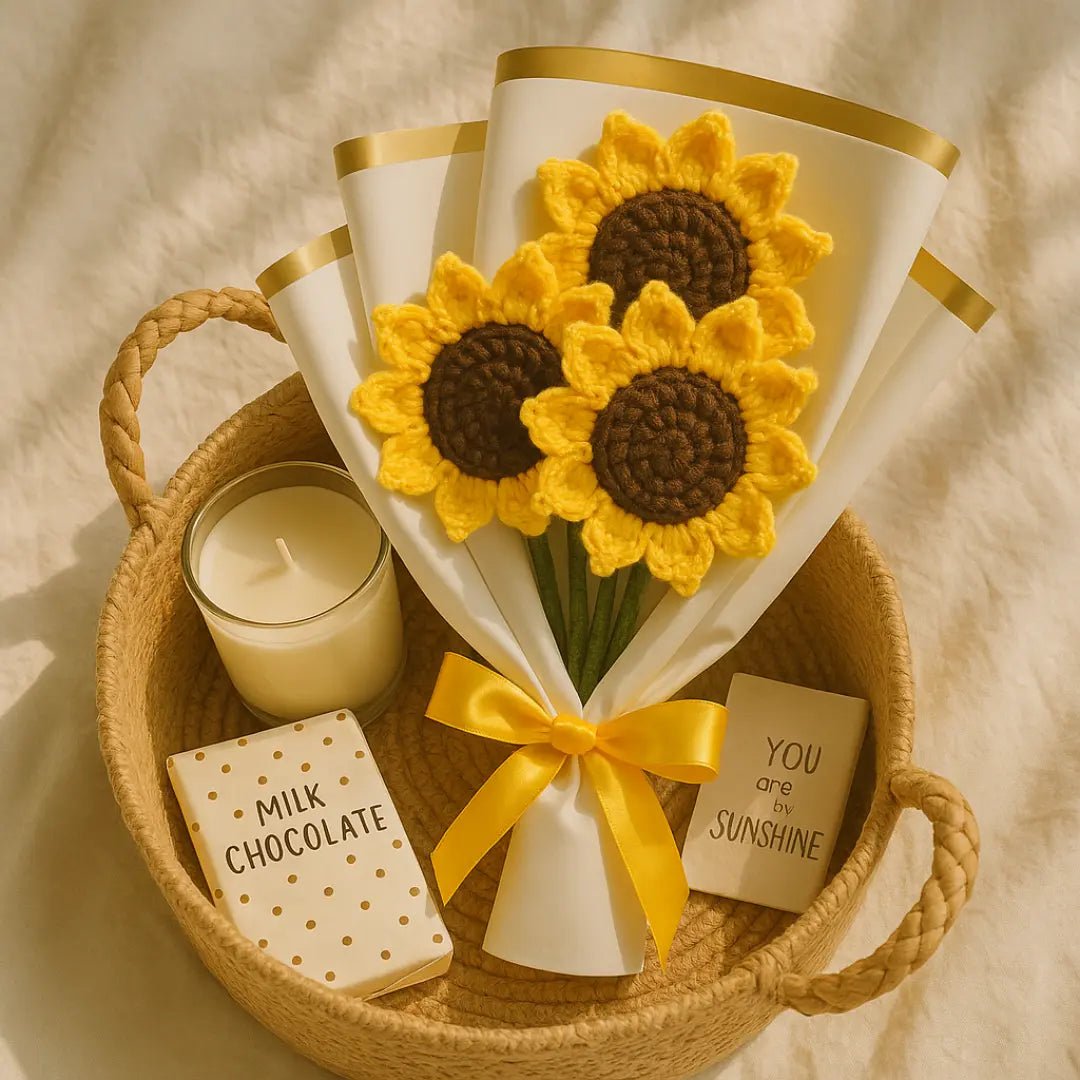 Handmade Crochet Sunflower Bouquet – 3 Stems (Wrapped) - BR CRAFTS