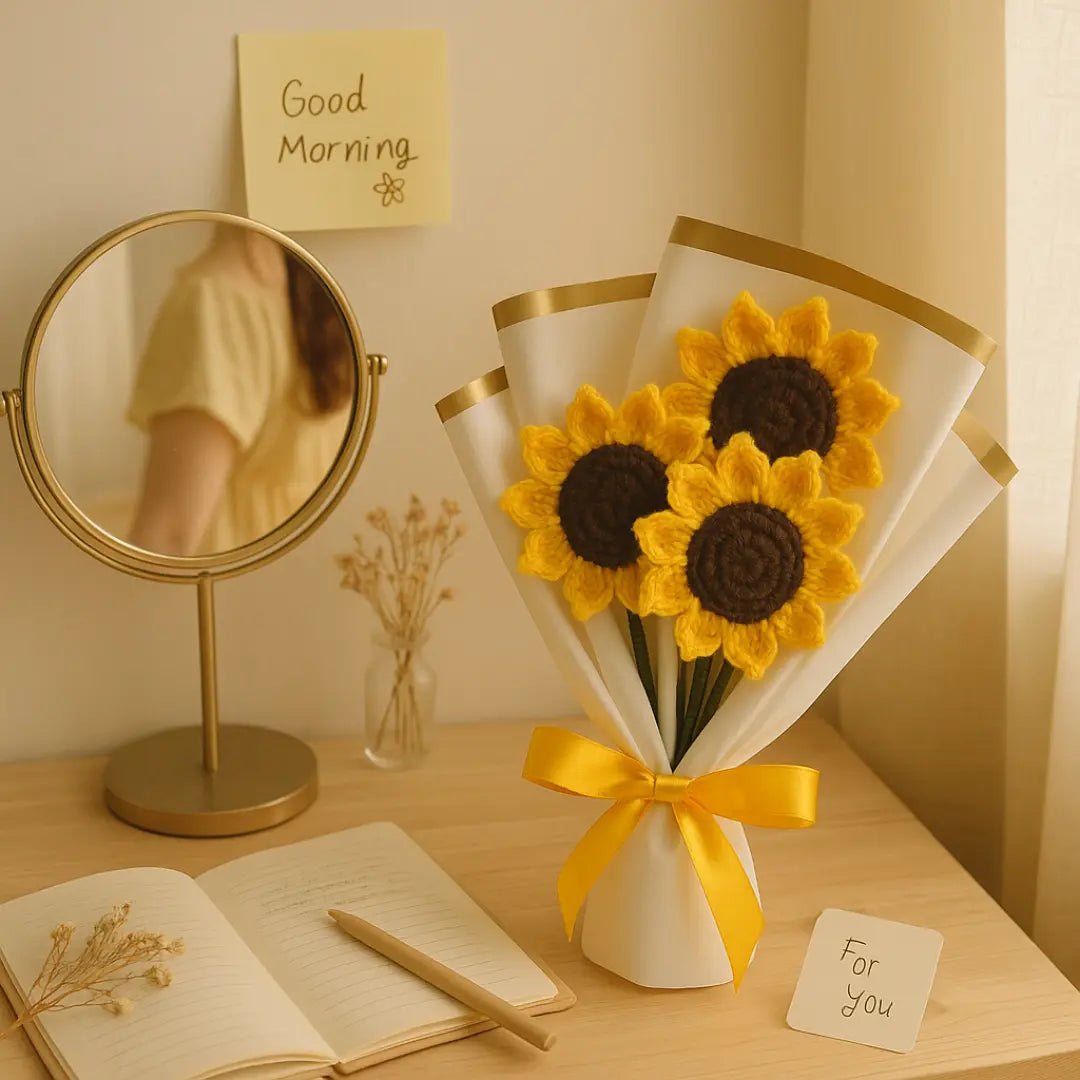 Handmade Crochet Sunflower Bouquet – 3 Stems (Wrapped) - BR CRAFTS