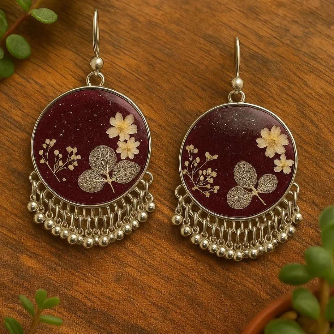 Deep Scarlet Jhumkas | Handcrafted Resin Earrings with Preserved Flowers - BR CRAFTS