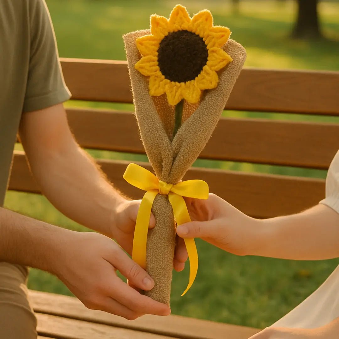 Handmade Crochet Sunflower – Rustic Wrapped Stem (Single Piece) - BR CRAFTS