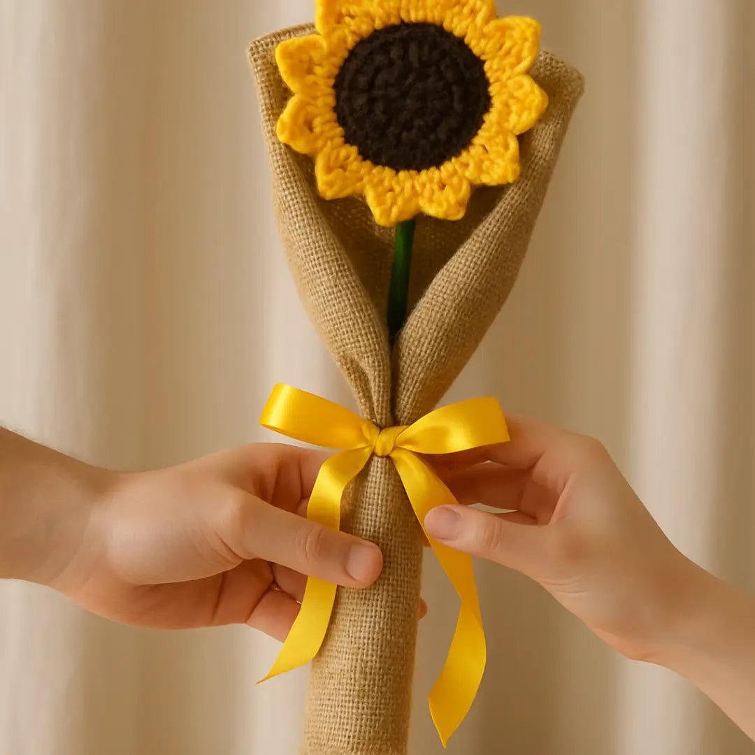 Handmade Crochet Sunflower – Rustic Wrapped Stem (Single Piece) - BR CRAFTS