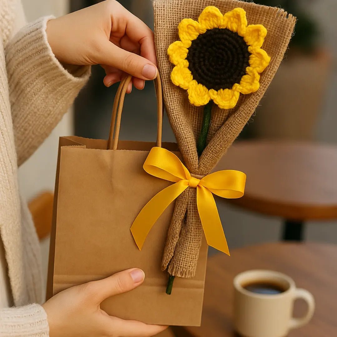 Handmade Crochet Sunflower – Rustic Wrapped Stem (Single Piece) - BR CRAFTS