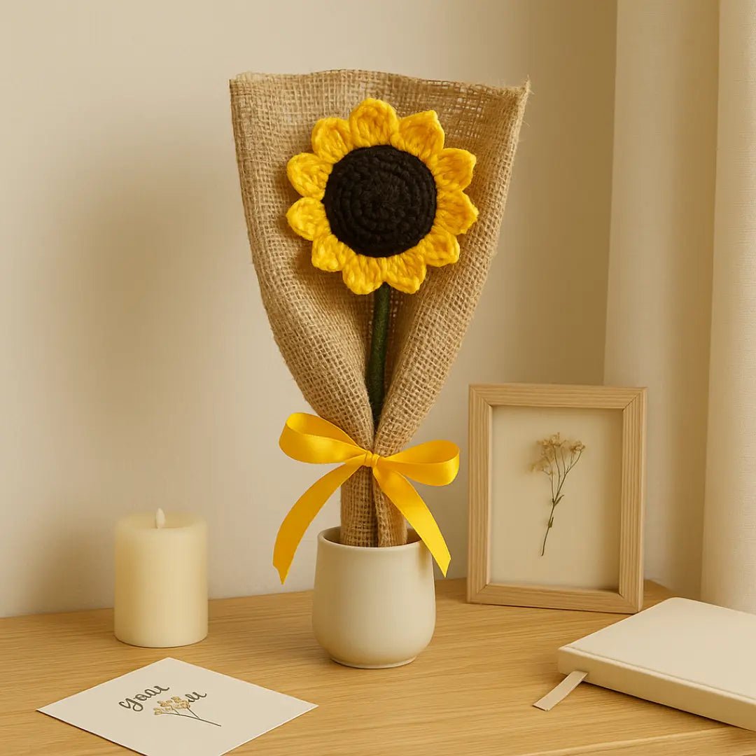 Handmade Crochet Sunflower – Rustic Wrapped Stem (Single Piece) - BR CRAFTS