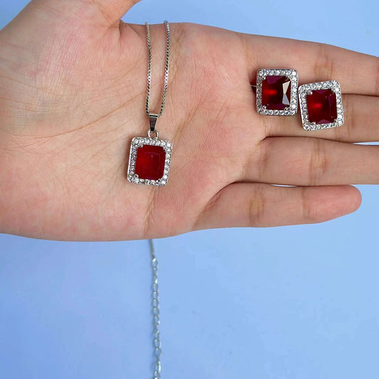 Silver Ruby Pendant & Earring Set - BR CRAFTS