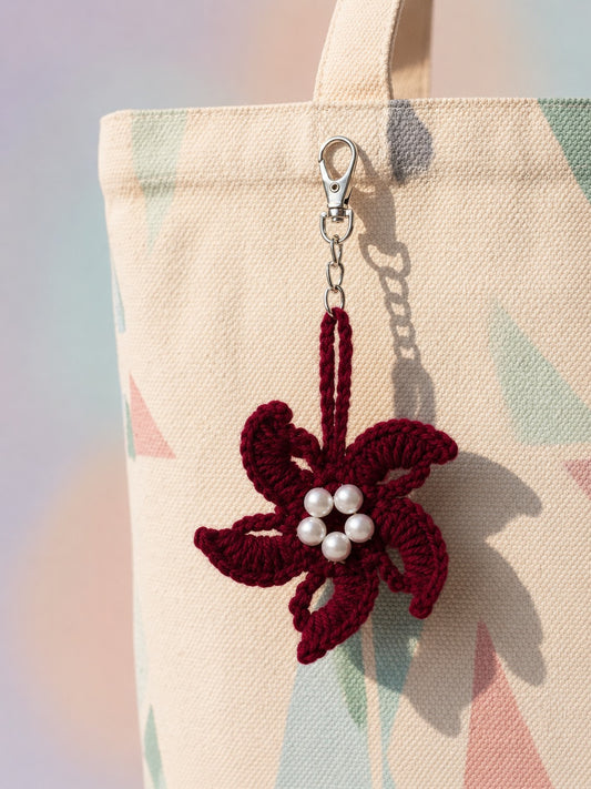 Cherry Bloom Crochet Keychain | Handmade Pearl Flower Charm