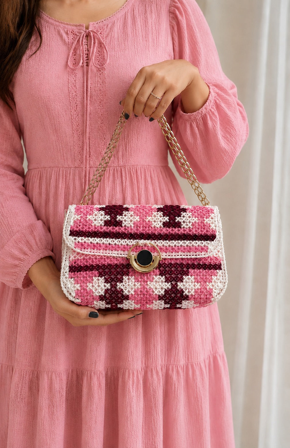 Pink Crush Crochet Bag | Handmade Checkered Shoulder Purse
