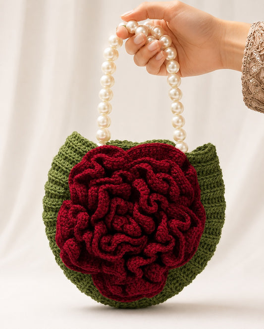 Burgundy Bloom Crochet Bag | Handmade Pearl Handle Purse