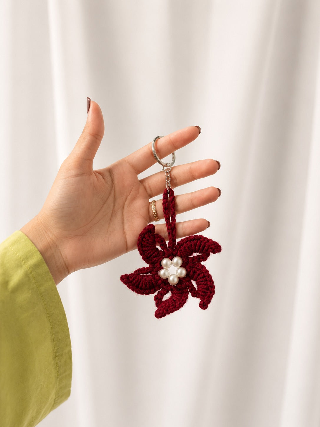 Cherry Bloom Crochet Keychain | Handmade Pearl Flower Charm