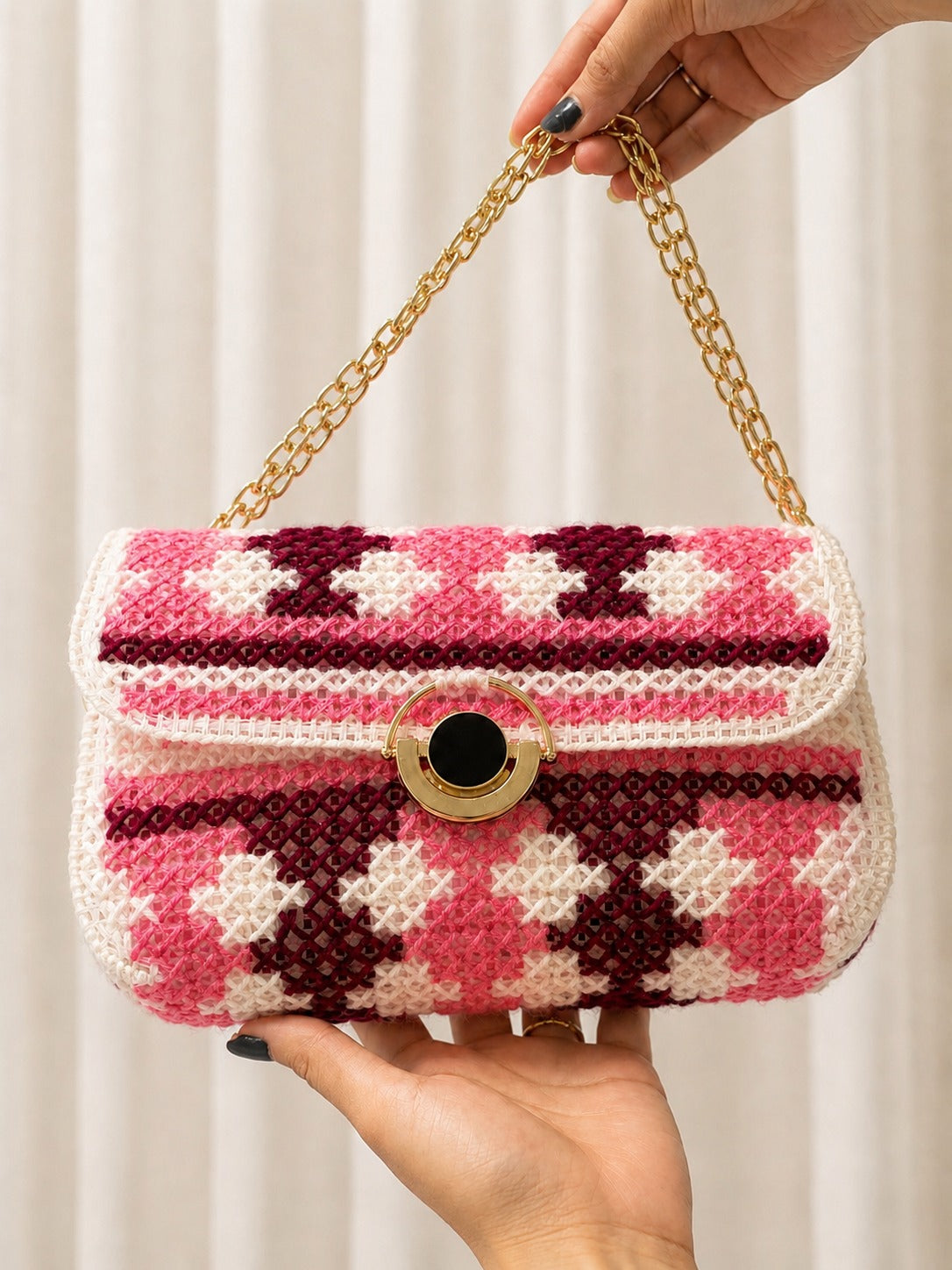 Pink Crush Crochet Bag | Handmade Checkered Shoulder Purse