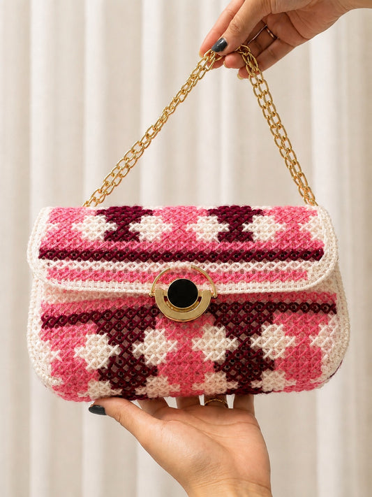 Pink Crush Crochet Bag | Handmade Checkered Shoulder Purse