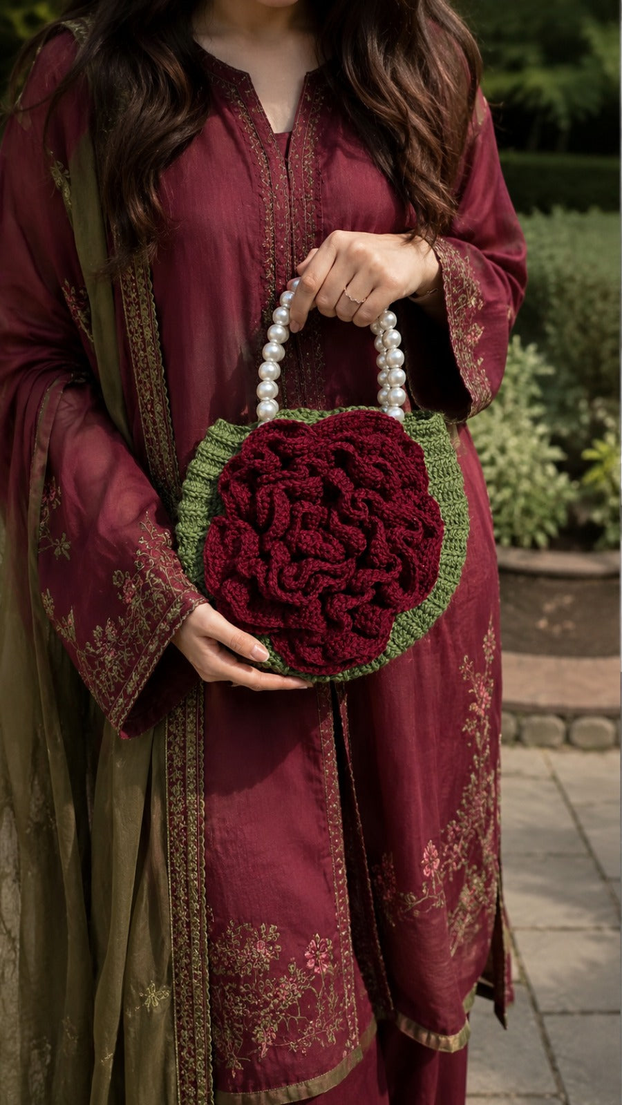 Burgundy Bloom Crochet Bag | Handmade Pearl Handle Purse
